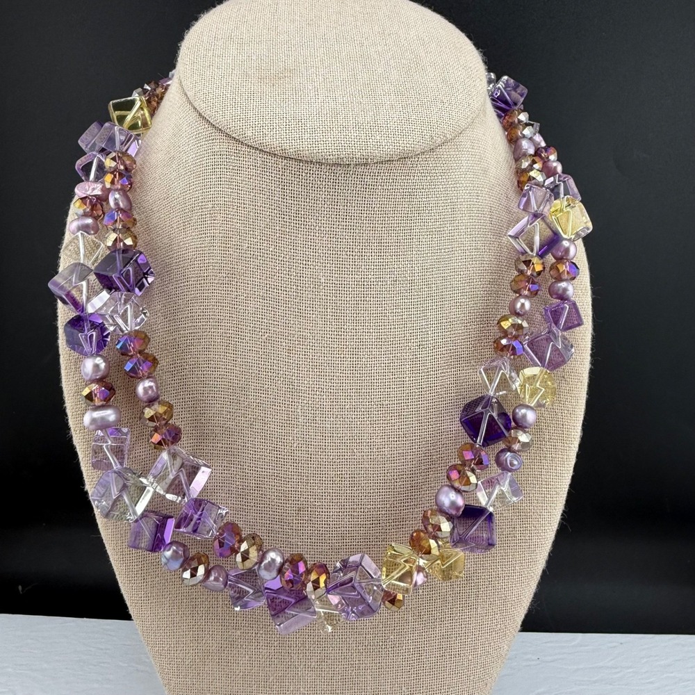 Estate Beaded Necklace Purple Yellow AB Rhinestone Double Strand 18in